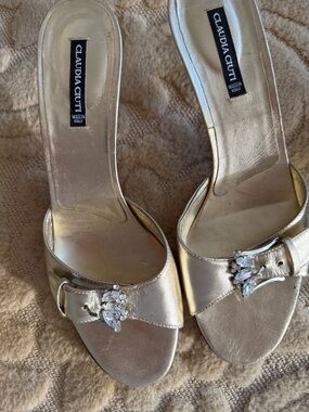 Claudia Ciuti Metallic Gold Crystal Buckle Slide Mules